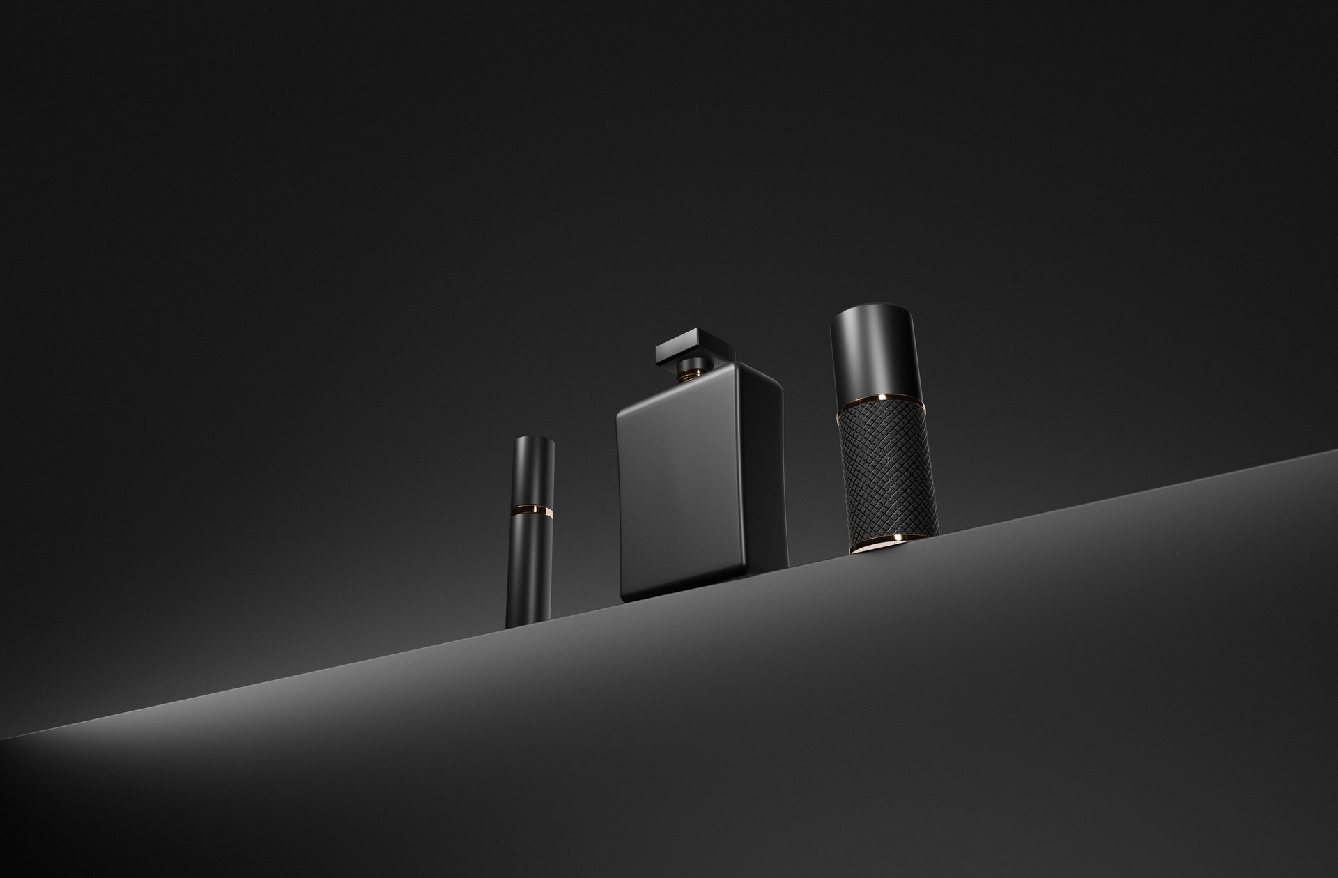 Collection of minimalistic black perfume bottles on a stylish dark background